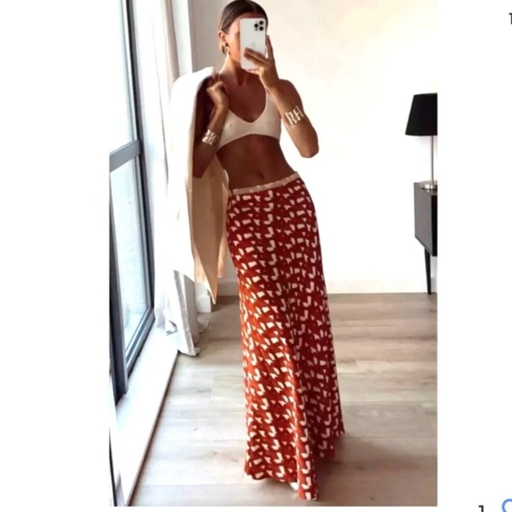 NWT Zara Linen Blend Beaded Maxi Skirt and Top Set in Terracotta